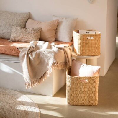 377740110da921693185cf58de8f93b72312f073b05435a95fe81296a64018bf-1.jpeg Handwoven Jonc Storage Basket – 2 Sizes | Moroccan Home Organizer