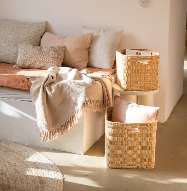 377740110da921693185cf58de8f93b72312f073b05435a95fe81296a64018bf-1.jpeg Handwoven Jonc Storage Basket – 2 Sizes | Moroccan Home Organizer