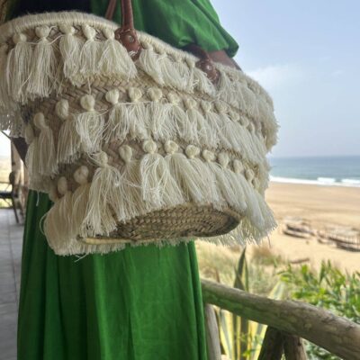 5b9ddca988a8bf161194e2eb096ee9554cb8dcfc503a353e19e425793ba01b80-1.jpeg Pompom and Fringe Basket – Handmade Bohemian Chic Decor & Storage