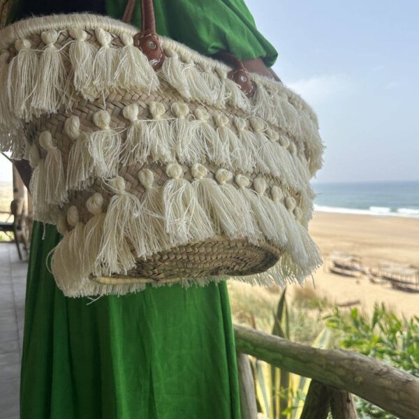 5b9ddca988a8bf161194e2eb096ee9554cb8dcfc503a353e19e425793ba01b80-1.jpeg Pompom and Fringe Basket – Handmade Bohemian Chic Decor & Storage
