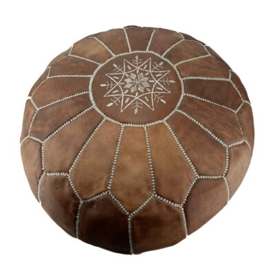 73256319_2205694642875690_3393082528150585344_n-1200x1200-1.jpg Natural Leather Moroccan Pouf – Handcrafted Round Ottoman (21″ × 12″)