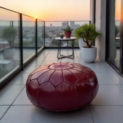Deep-Red-Leather-Pouf-Round-1.webp Deep Red Moroccan Leather Pouf – Handcrafted Round Ottoman (21″ × 12″)