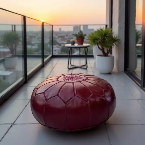 Deep-Red-Leather-Pouf-Round-1.webp Deep Red Moroccan Leather Pouf – Handcrafted Round Ottoman (21″ × 12″)