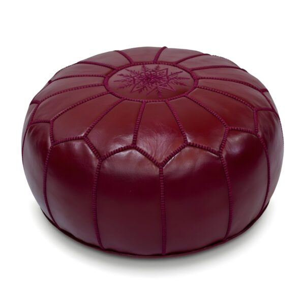 Deep-Red-Leather-Pouf-Round-2.jpg Deep Red Moroccan Leather Pouf – Handcrafted Round Ottoman (21″ × 12″)