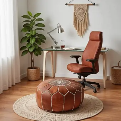 Handcrafted-Genuine-Tan-Leather-Pouf-Ottoman-1.webp Handcrafted Tan Leather Pouf – Moroccan Ottoman with Snowflake Embroidery (21″ × 12″)