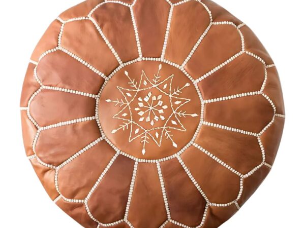 Handcrafted-Genuine-Tan-Leather-Pouf-Ottoman.jpg Handcrafted Tan Leather Pouf – Moroccan Ottoman with Snowflake Embroidery (21″ × 12″)