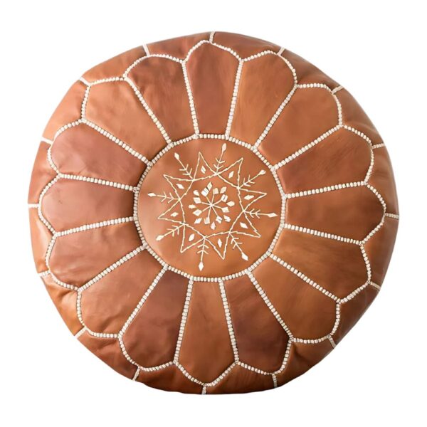 Handcrafted-Genuine-Tan-Leather-Pouf-Ottoman.jpg Handcrafted Tan Leather Pouf – Moroccan Ottoman with Snowflake Embroidery (21″ × 12″)