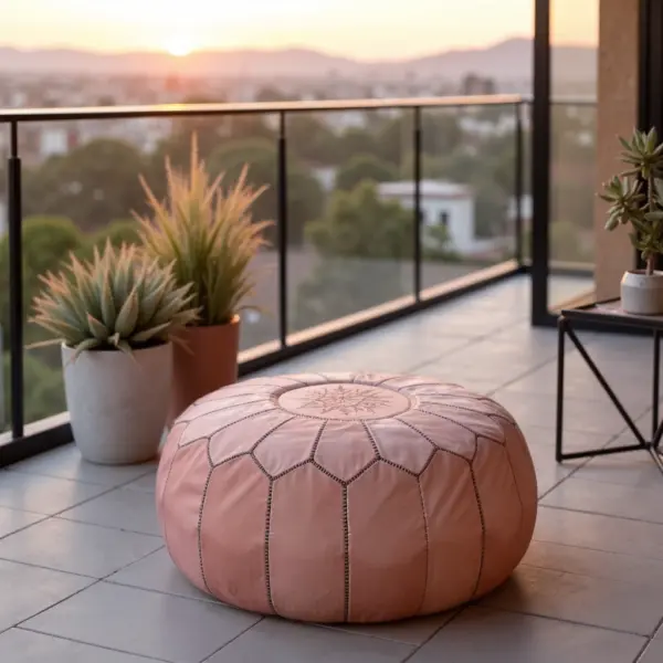 Handcrafted-Moroccan-Leather-Pink-Pouf-in-Piggy-Pink-2.webp Pink Moroccan Leather Pouf Ottoman – Handcrafted Round (21″ × 12″) with Starburst Stitching