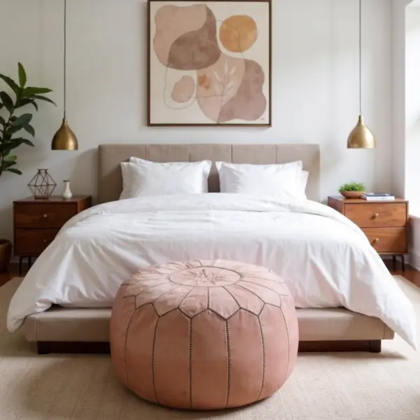 Handcrafted-Moroccan-Leather-Pink-Pouf-in-Piggy-Pink-3.webp Pink Moroccan Leather Pouf Ottoman – Handcrafted Round (21″ × 12″) with Starburst Stitching