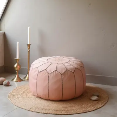 Handcrafted-Moroccan-Leather-Pink-Pouf-in-Piggy-Pink-5.webp Pink Moroccan Leather Pouf Ottoman – Handcrafted Round (21″ × 12″) with Starburst Stitching