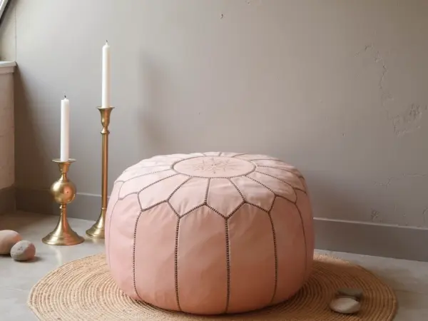 Handcrafted-Moroccan-Leather-Pink-Pouf-in-Piggy-Pink-5.webp Pink Moroccan Leather Pouf Ottoman – Handcrafted Round (21″ × 12″) with Starburst Stitching