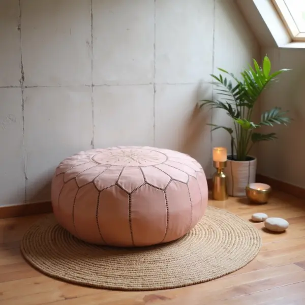 Handcrafted-Moroccan-Leather-Pink-Pouf-in-Piggy-Pink-6.webp Pink Moroccan Leather Pouf Ottoman – Handcrafted Round (21″ × 12″) with Starburst Stitching