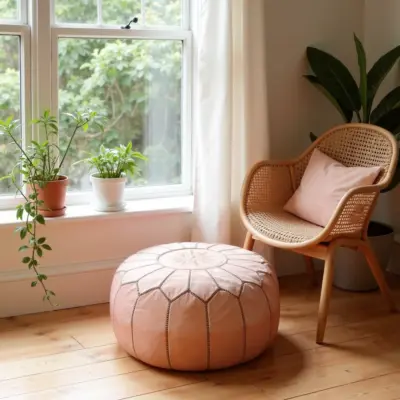 Handcrafted-Moroccan-Leather-Pink-Pouf-in-Piggy-Pink-7.webp Pink Moroccan Leather Pouf Ottoman – Handcrafted Round (21″ × 12″) with Starburst Stitching