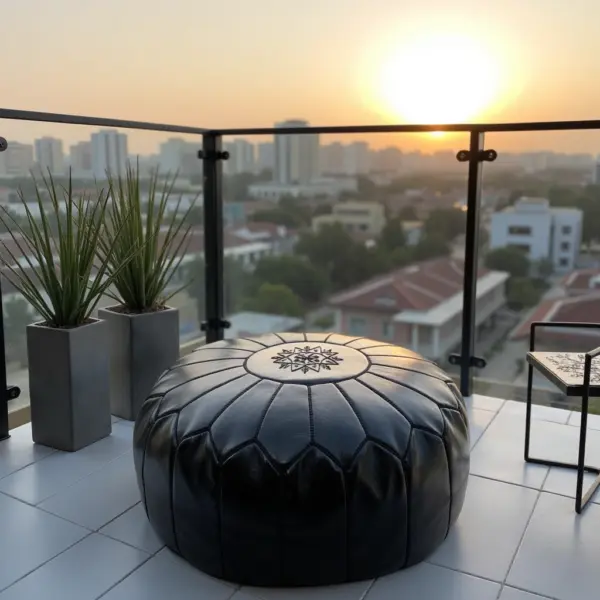Handcrafted-Moroccan-Leather-Pouf-Black-in-Black-10.webp Black Moroccan Leather Pouf – Handcrafted Round Ottoman with Tone-on-Tone Stitching (21″ × 12″)
