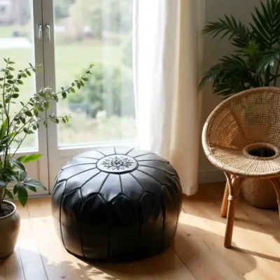 Handcrafted-Moroccan-Leather-Pouf-Black-in-Black-2.webp Black Moroccan Leather Pouf – Handcrafted Round Ottoman with Tone-on-Tone Stitching (21″ × 12″)