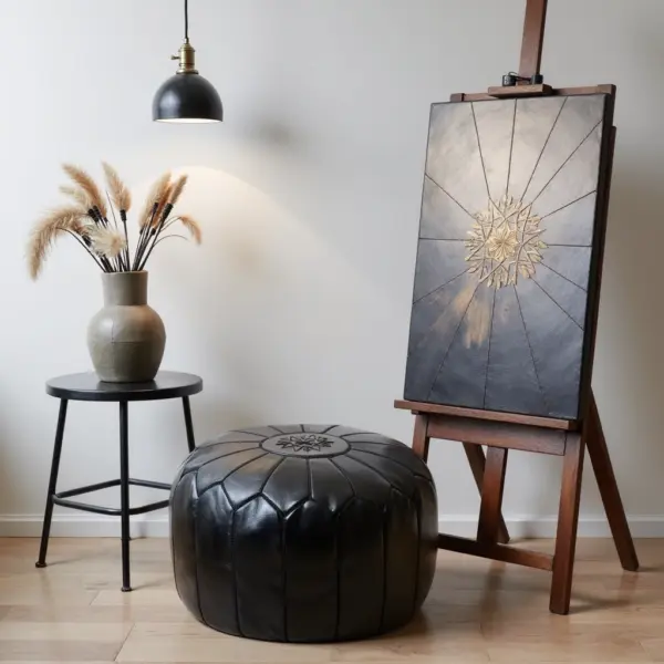 Handcrafted-Moroccan-Leather-Pouf-Black-in-Black-6.webp Black Moroccan Leather Pouf – Handcrafted Round Ottoman with Tone-on-Tone Stitching (21″ × 12″)