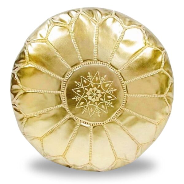Handcrafted-Moroccan-Leather-Pouf-Gold-1.jpg Gold Moroccan Leather Pouf – Handcrafted Round Ottoman with Matching Embroidery (21″ × 12″)