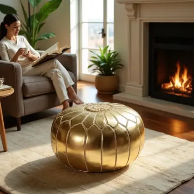 Handcrafted-Moroccan-Leather-Pouf-Gold-2.webp Gold Moroccan Leather Pouf – Handcrafted Round Ottoman with Matching Embroidery (21″ × 12″)