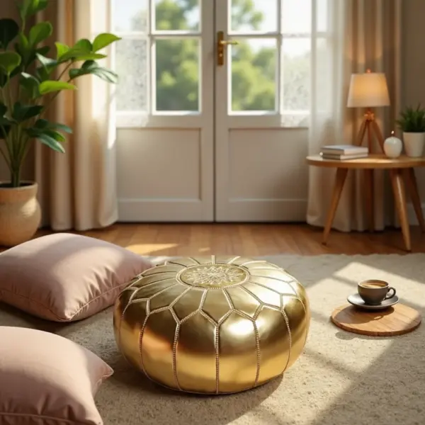 Handcrafted-Moroccan-Leather-Pouf-Gold-5-1000x1000-1.webp Gold Moroccan Leather Pouf – Handcrafted Round Ottoman with Matching Embroidery (21″ × 12″)