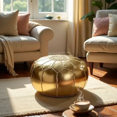 Handcrafted-Moroccan-Leather-Pouf-Gold-6.webp Gold Moroccan Leather Pouf – Handcrafted Round Ottoman with Matching Embroidery (21″ × 12″)