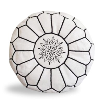 Handcrafted-Multicolor-Stitching-Leather-Pouf-in-Genuine-White-Leather.jpg White Moroccan Leather Pouf – Handcrafted Ottoman with Custom Stitching (20″ × 12″)