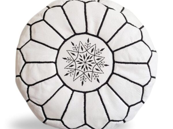 Handcrafted-Multicolor-Stitching-Leather-Pouf-in-Genuine-White-Leather.jpg White Moroccan Leather Pouf – Handcrafted Ottoman with Custom Stitching (20″ × 12″)