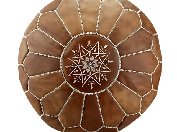 Handmade-Moroccan-Leather-Pouf-Natural-Tan.jpg Natural Leather Moroccan Pouf – Handcrafted Round Ottoman (21″ × 12″)