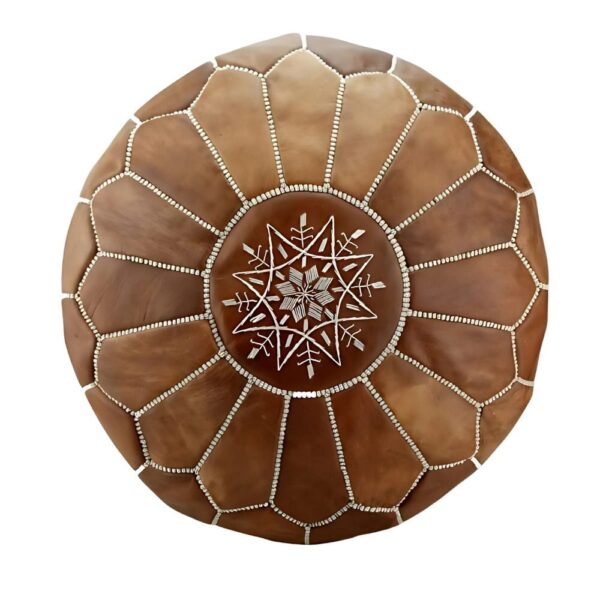 Handmade-Moroccan-Leather-Pouf-Natural-Tan.jpg Natural Leather Moroccan Pouf – Handcrafted Round Ottoman (21″ × 12″)