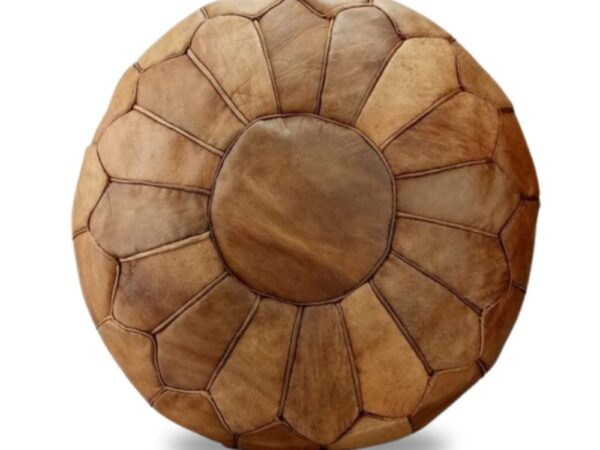 Handmade-Moroccan-Round-Ottoman-Pouf-in-Light-Brown-Genuine-Leather-1.jpg Handcrafted Moroccan Round Leather Pouf – Light Brown (21″ × 16″)