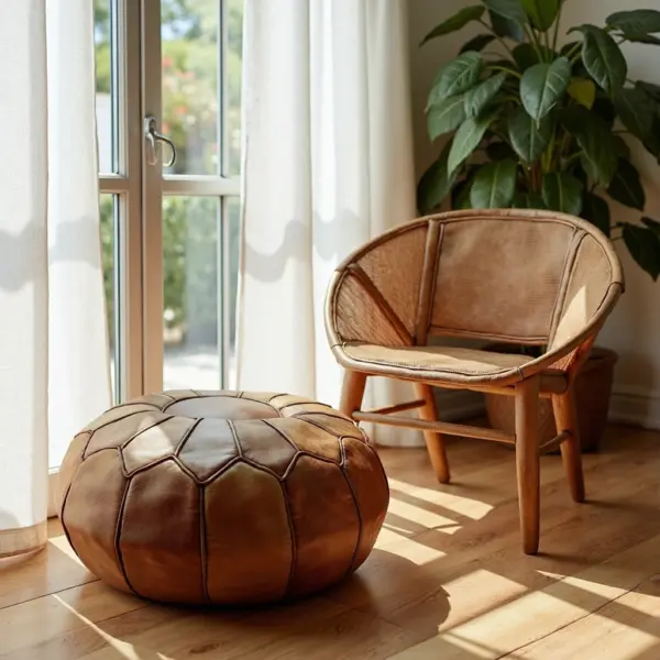 Handmade-Moroccan-Round-Ottoman-Pouf-in-Light-Brown-Genuine-Leather-4.webp Handcrafted Moroccan Round Leather Pouf – Light Brown (21″ × 16″)