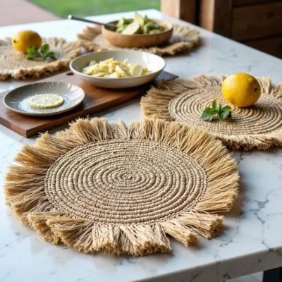 Handmade-Raffia-Round-Tassel-Placemats-with-Fringes-3.webp Handmade Raffia Round Tassel Placemats with Fringes – Boho Moroccan Straw Table Mats (15″ Diameter)