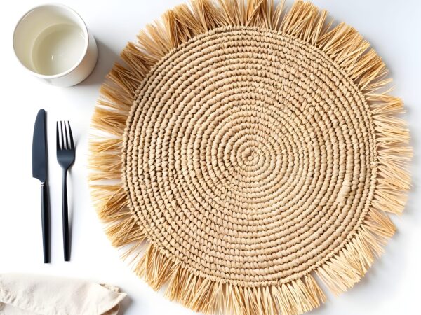 Handmade-Raffia-Round-Tassel-Placemats-with-Fringes-7.jpg Handmade Raffia Round Tassel Placemats with Fringes – Boho Moroccan Straw Table Mats (15″ Diameter)
