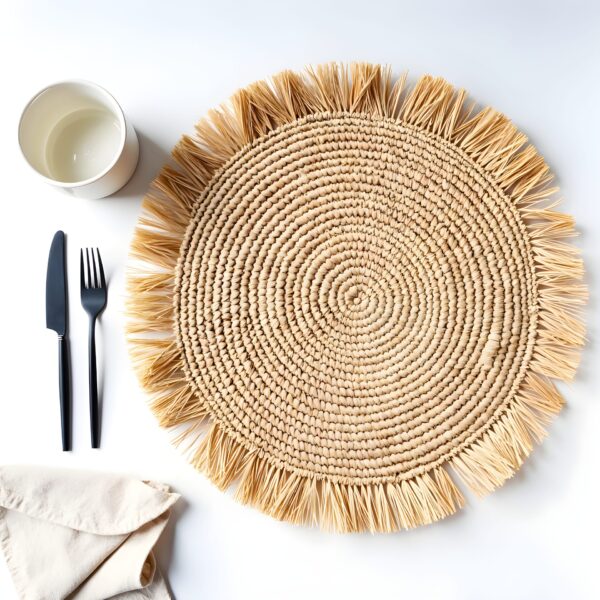 Handmade-Raffia-Round-Tassel-Placemats-with-Fringes-7.jpg Handmade Raffia Round Tassel Placemats with Fringes – Boho Moroccan Straw Table Mats (15″ Diameter)