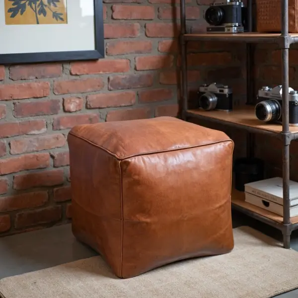 Moroccan-Square-Leather-Pouf-Natural-Brown-3.webp Moroccan Square Leather Pouf – Handcrafted Light Brown Ottoman (16″ × 16″ × 16″)