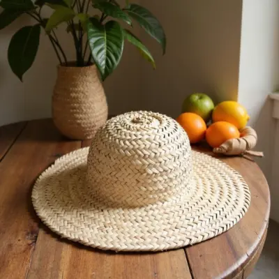 Moroccan-Straw-hats-Palm-Leaf-Hat-5-1.webp Handwoven Moroccan Wide Brim Straw Hat Set – Natural Palm Straw (ø 40 cm)