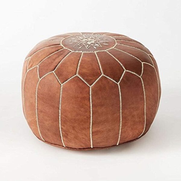 Moroccan-Tan-Leather-Pouf-1.jpg Handcrafted Tan Leather Pouf – Moroccan Ottoman with Snowflake Embroidery (21″ × 12″)