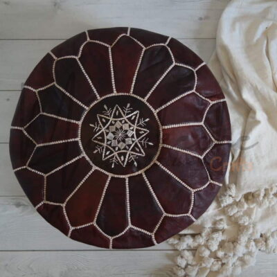 Moroccan-leather-pouf-Dark-brown-2-1200x1200-1.jpg Dark Brown Leather Pouf Ottoman – Handcrafted Moroccan Round Pouf (21″ × 12″)