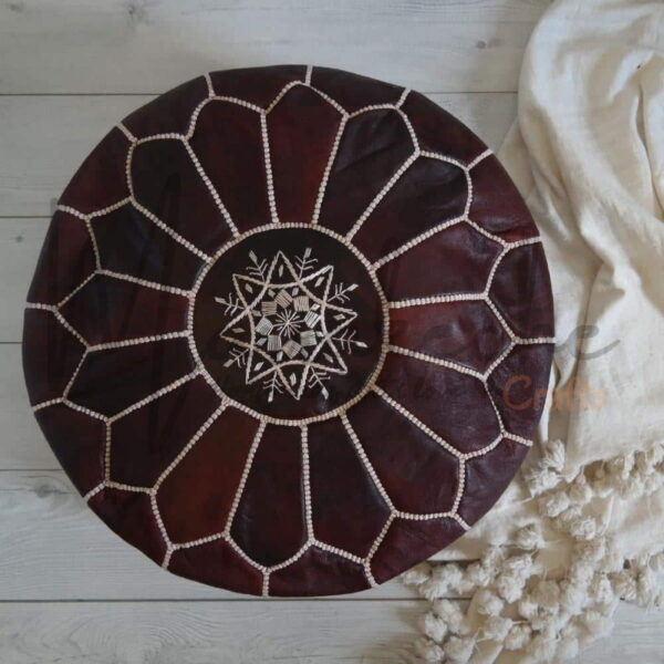 Moroccan-leather-pouf-Dark-brown-2-1200x1200-1.jpg Dark Brown Leather Pouf Ottoman – Handcrafted Moroccan Round Pouf (21″ × 12″)