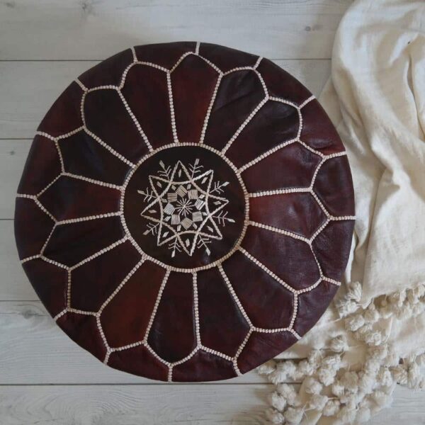 Moroccan-leather-pouf-Dark-brown-2.jpg Dark Brown Leather Pouf Ottoman – Handcrafted Moroccan Round Pouf (21″ × 12″)
