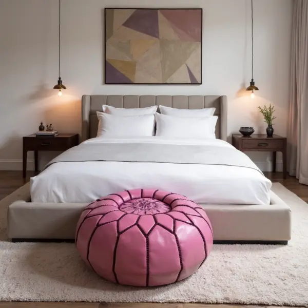 Pink-Round-Handcrafted-Moroccan-Pouf-in-Genuine-Leather-3.webp Handcrafted Moroccan Pink Leather Pouf – Round Ottoman (20″ × 12″)
