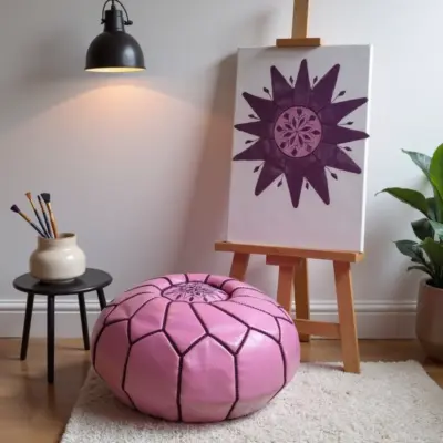 Pink-Round-Handcrafted-Moroccan-Pouf-in-Genuine-Leather-4-1000x1000-1.webp Handcrafted Moroccan Pink Leather Pouf – Round Ottoman (20″ × 12″)