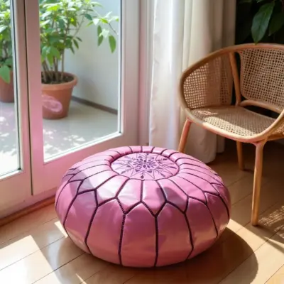 Pink-Round-Handcrafted-Moroccan-Pouf-in-Genuine-Leather-5.webp Handcrafted Moroccan Pink Leather Pouf – Round Ottoman (20″ × 12″)