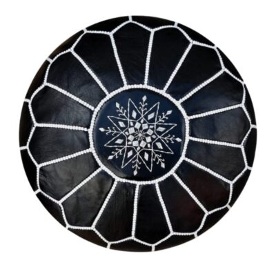 Round-Black-Moroccan-Leather-Pouf-with-White-Stitch-1.jpg Black Moroccan Leather Pouf – Handcrafted Round Ottoman with White Stitching (21″ × 12″)
