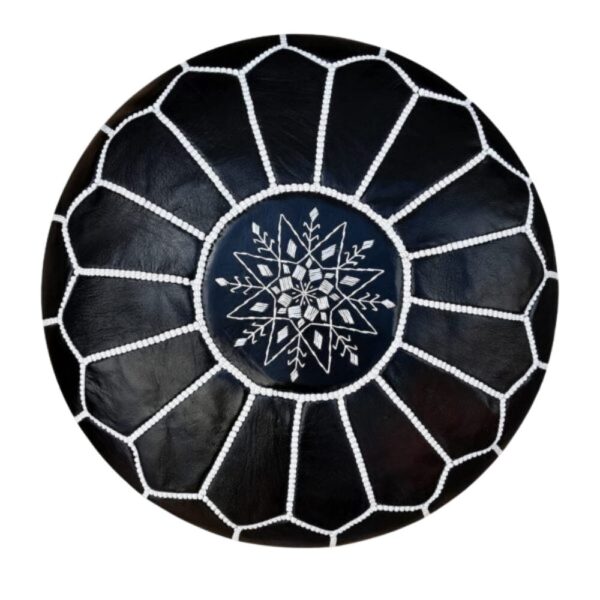 Round-Black-Moroccan-Leather-Pouf-with-White-Stitch-1.jpg Black Moroccan Leather Pouf – Handcrafted Round Ottoman with White Stitching (21″ × 12″)