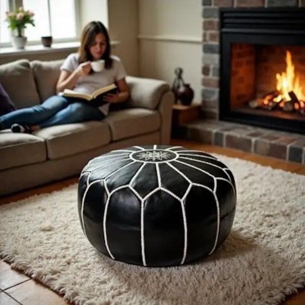 Round-Black-Moroccan-Leather-Pouf-with-White-Stitch-2.webp Black Moroccan Leather Pouf – Handcrafted Round Ottoman with White Stitching (21″ × 12″)