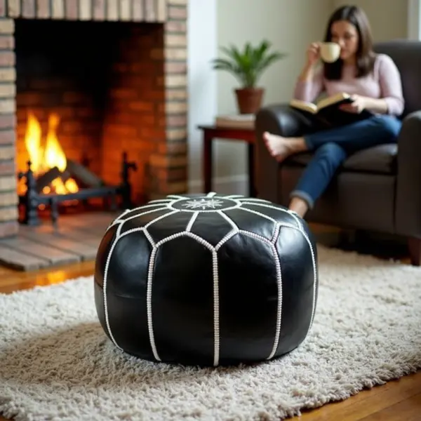 Round-Black-Moroccan-Leather-Pouf-with-White-Stitch-3.webp Black Moroccan Leather Pouf – Handcrafted Round Ottoman with White Stitching (21″ × 12″)