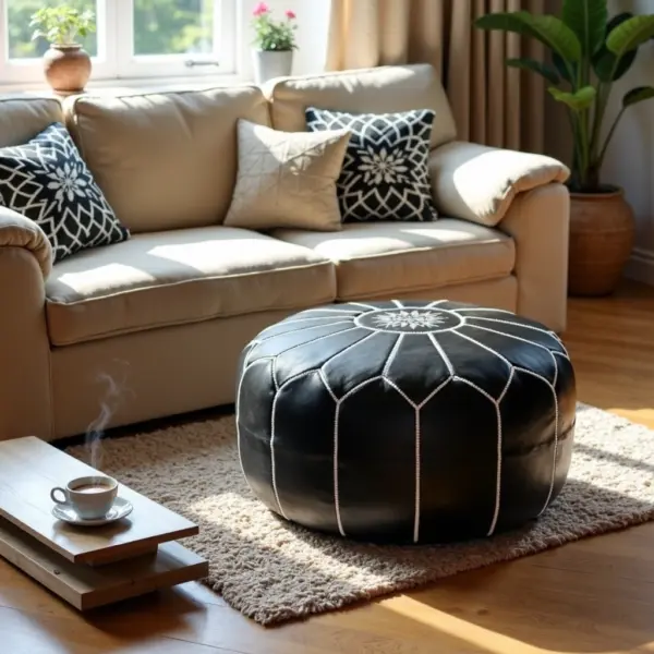 Round-Black-Moroccan-Leather-Pouf-with-White-Stitch-6.webp Black Moroccan Leather Pouf – Handcrafted Round Ottoman with White Stitching (21″ × 12″)
