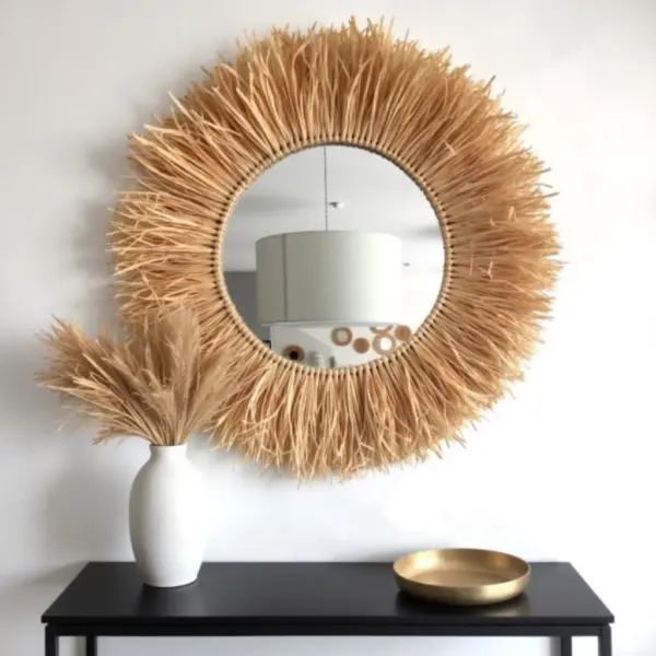 Round-Boho-Mirror-With-Handmade-Straw-Frame-2.webp Round Farmhouse Straw Mirror – Handwoven Raffia Wall Decor (Small, Medium)