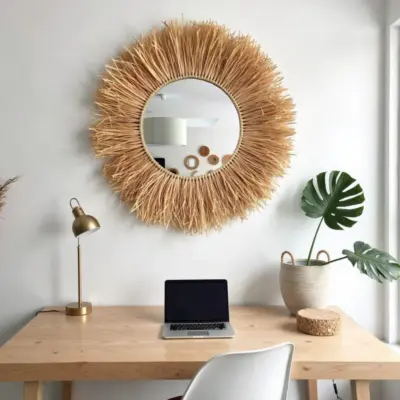 Round-Boho-Mirror-With-Handmade-Straw-Frame-6.webp Round Boho Mirror with Handmade Straw Frame – Natural Raffia Wall Decor (Small, Medium)