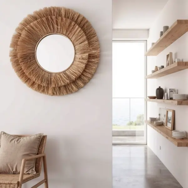 Round-Farmhouse-Mirror-With-Straw-2.webp Round Farmhouse Straw Mirror – Handwoven Raffia Wall Decor (Small, Medium)